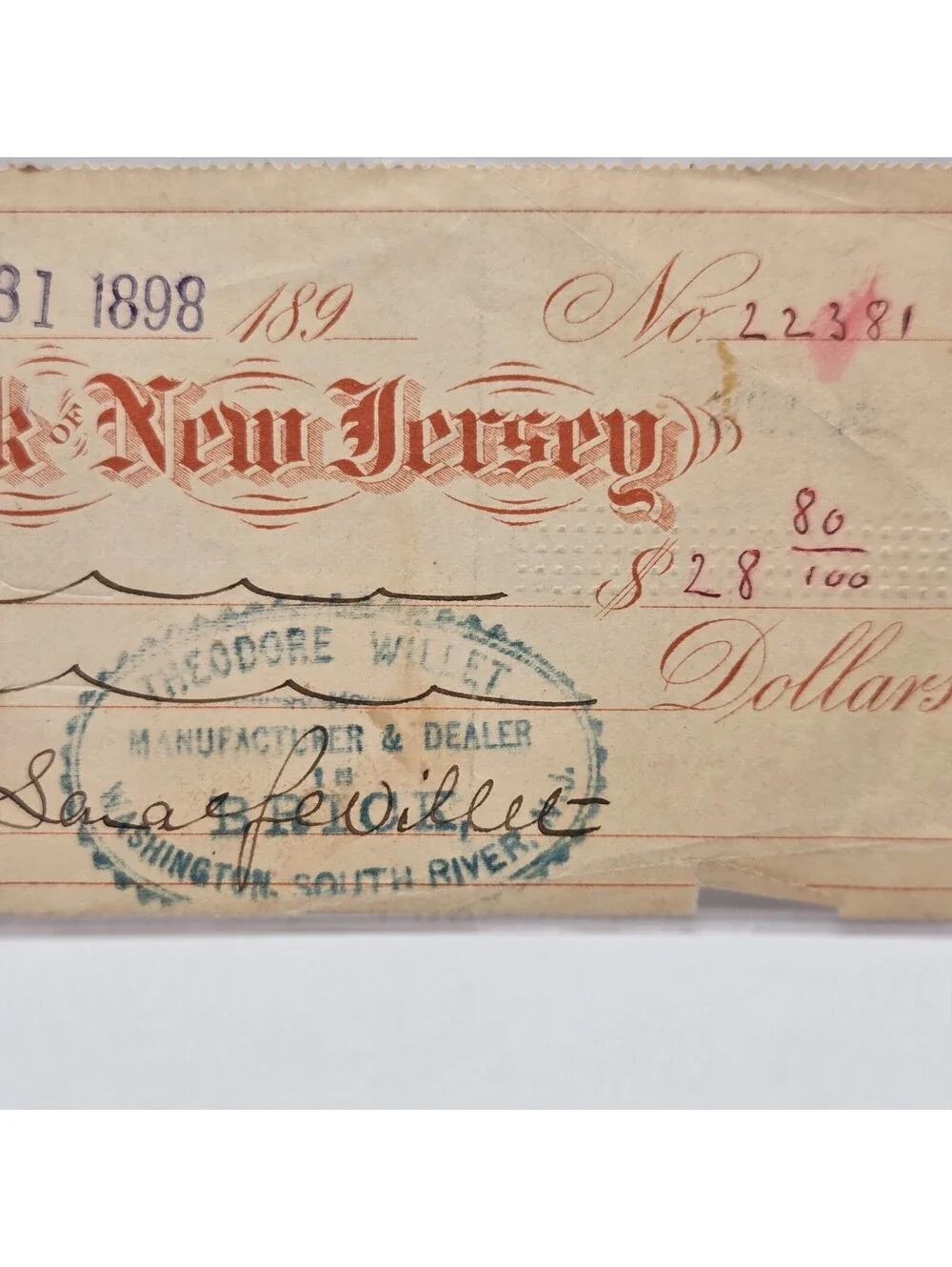 1898 National Bank of New Jersey Check New Brunswick Revenue Stamp Antique